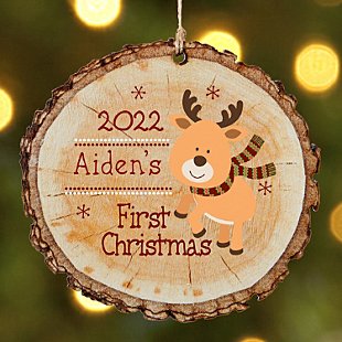 Little Deers First Christmas Rustic Wood Round Ornament