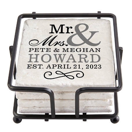 Happy Couple Tile Coaster Set with Holder  - Mr. & Mrs.