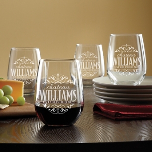 Decorative Label Stemless Wine Glasses - Set of 4