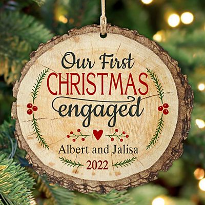 We're Engaged Rustic Wood Round Ornament