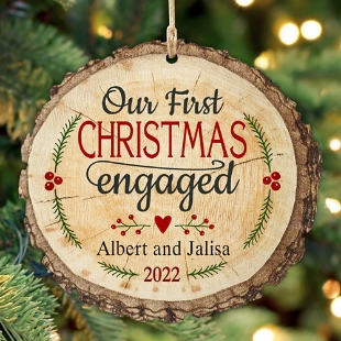 We're Engaged Rustic Wood Round Ornament