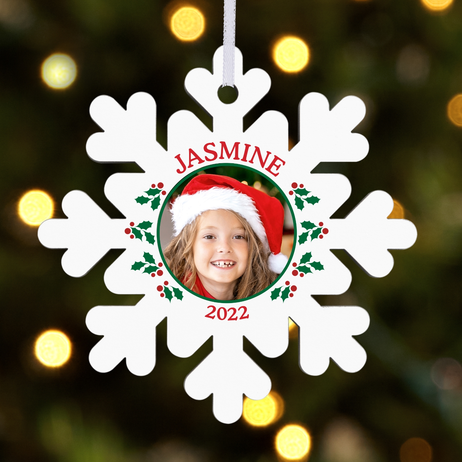 Festive Photo Personalized Snowflake Ornament