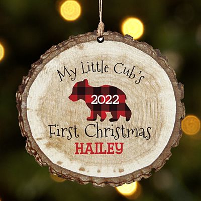 Little Cub's First Christmas Rustic Wood Round Ornament