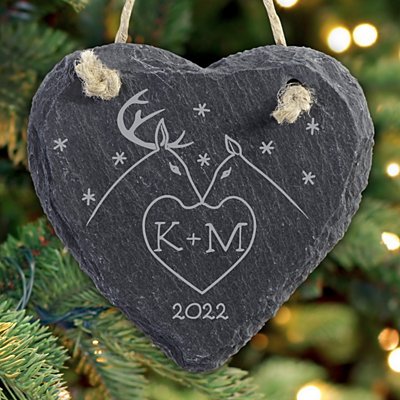 Two Deer in Love Couple Slate  Heart Ornament