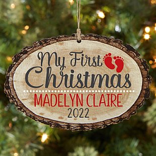 Baby's First Christmas Rustic Wooden Oval Bauble