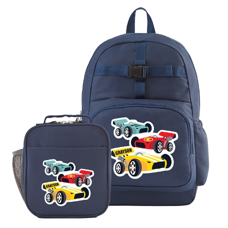 Fun Graphic Navy Backpack + Lunchbox Set - Race Cars