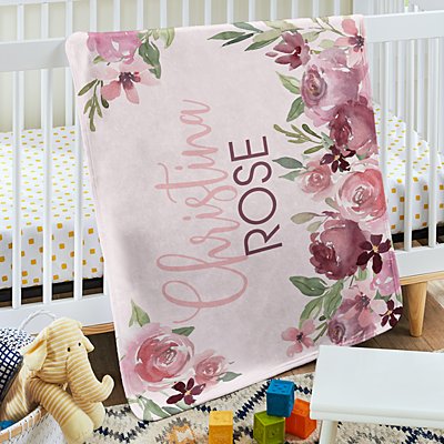 ROSE SWIRL GREY WHITE PINK BLUE BOY GIRL PERSONALISED EMBROIDERED BABY BLANKET 