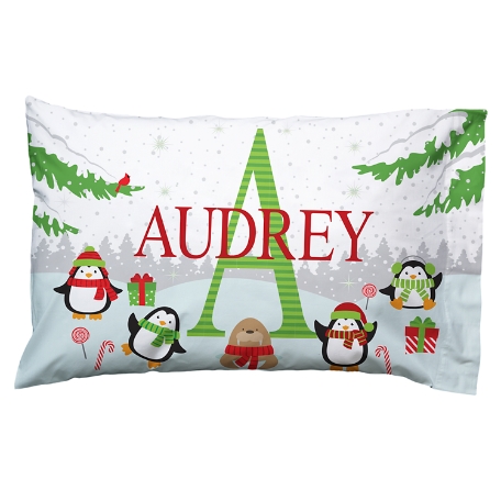 My Own Name Holiday Pillowcase - Plush - Penguins