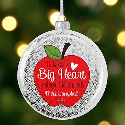 Big Heart Teacher Glitter Glass Ornament