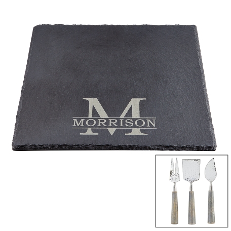 Family Name Slate Cheese Board Server & More Cheese Please! Wood Utensil Set