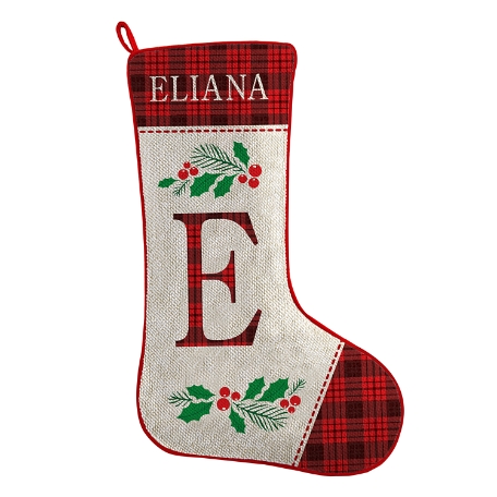 Festive Plaid Initial Stocking - Red