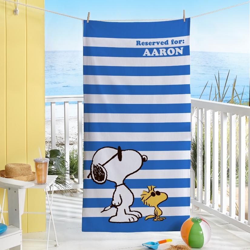 PEANUTS® Cool Blue Stripes Beach Towel | Personal Creations