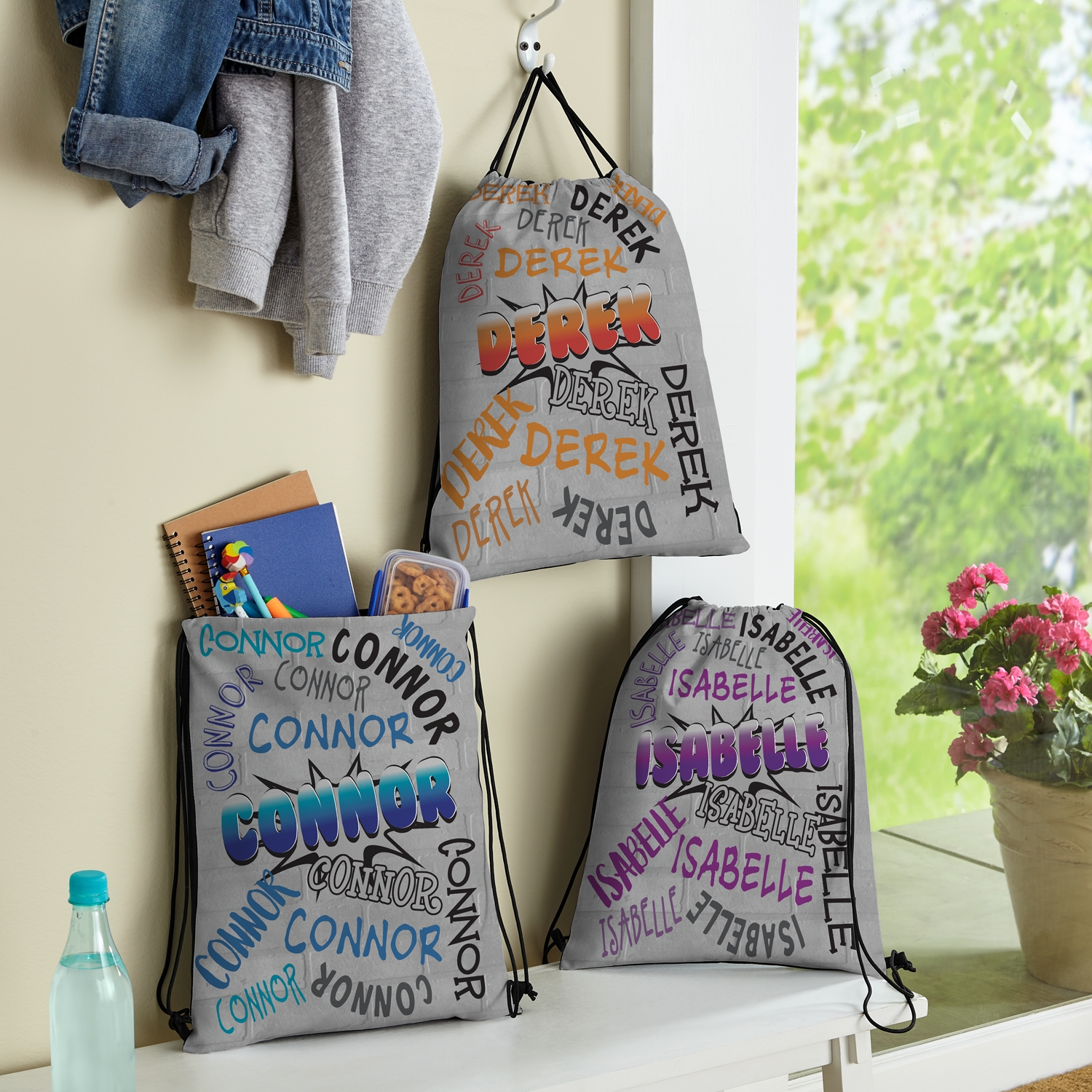 Graffiti Name Allover Print Drawstring Bags