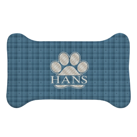 Plaid Paw Print Feeding Mat -Large Bone-Blue