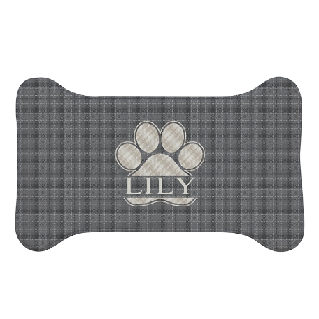Plaid Paw Print Feeding Mat - Large Bone-Gray