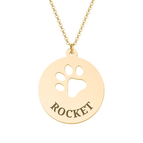 Loving Paws Engraved Name Necklace - 10K Yellow Gold - Classic