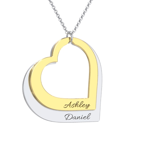 Two Hearts As One Name Necklace - 10K Two-Tone Gold - Cursive