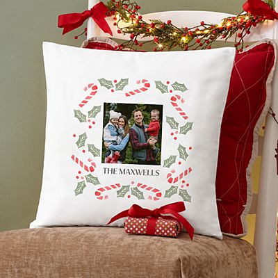 Candy Cane Holly Photo Throw Pillow