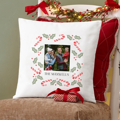 Candy Cane Holly Photo Throw Pillow