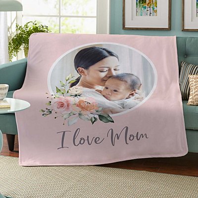 I Love Mom Floral Photo Plush Blanket