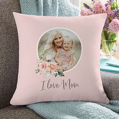 I Love Mom Floral Photo Throw Pillow