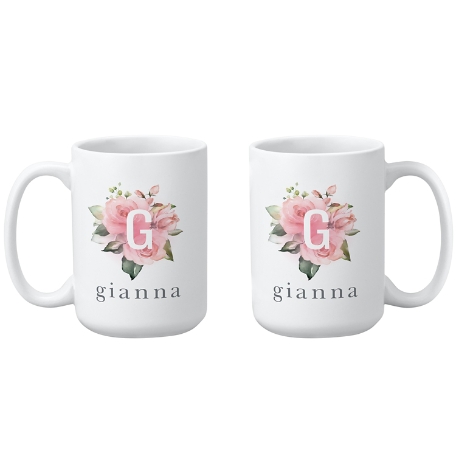Pink Floral Initial Mug - 15 oz - White