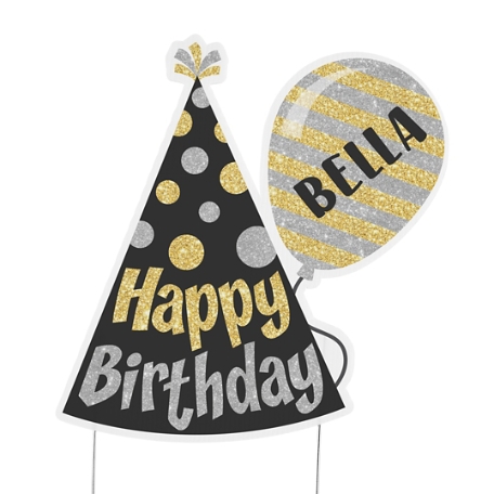 Birthday Hat & Balloon Yard Sign - Silver & Gold - Small