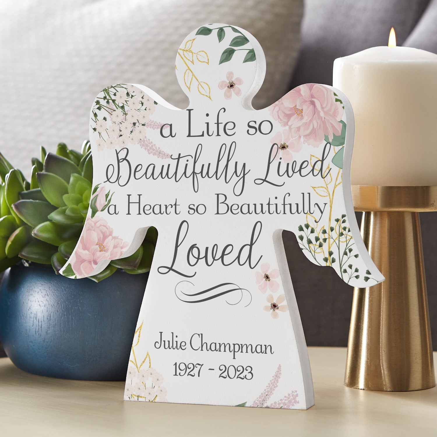 Memorial Wooden Angel, White with Pink Peonies