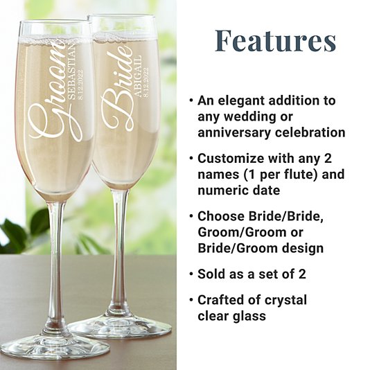 Personalized Wedding Champagne Flutes for Bride and Groom - Set of 2, 7  oz
