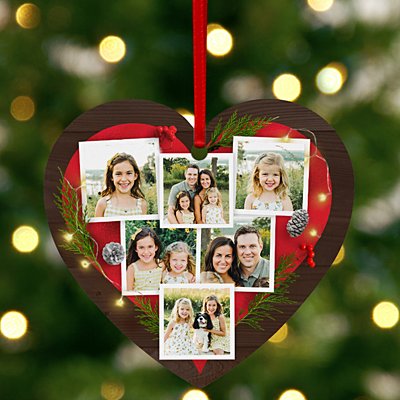 Collage Photo Heart Wood Ornament