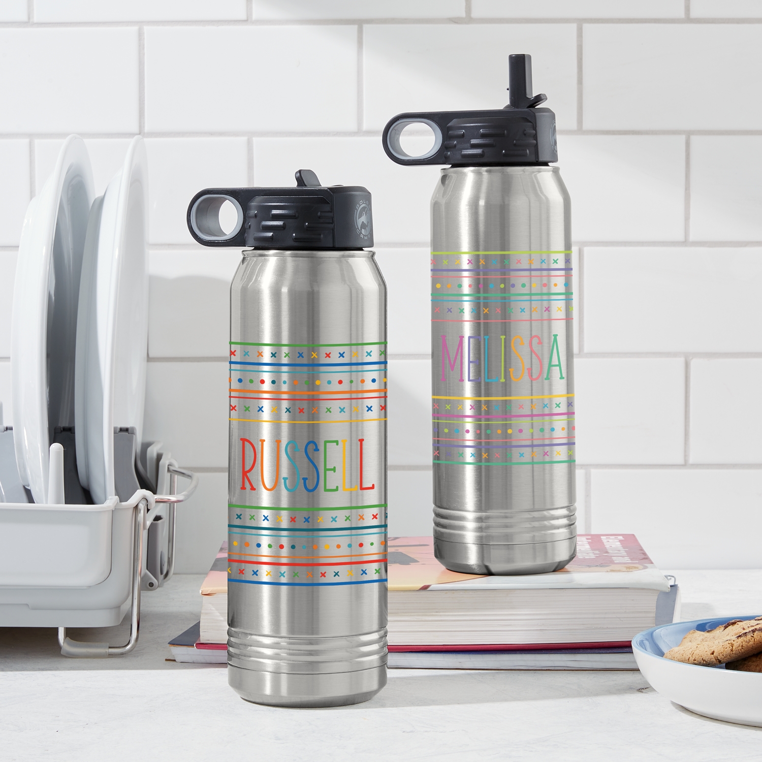 Name In Stripes Stainless Steel Water Bottle