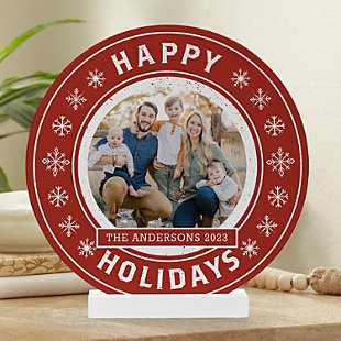 Happy Holidays Photo  Wood Circle with Stand