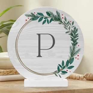 Holly Wreath Initial Wood Circle with Stand