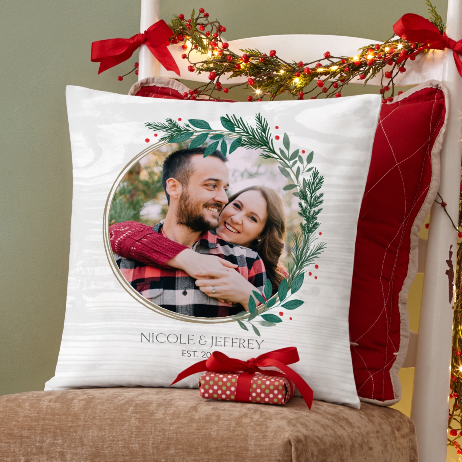 Holly Wreath Photo  Throw Pillow