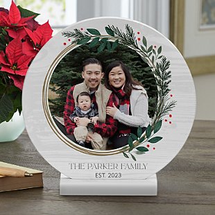 Holly Wreath Photo Wood Circle with Stand