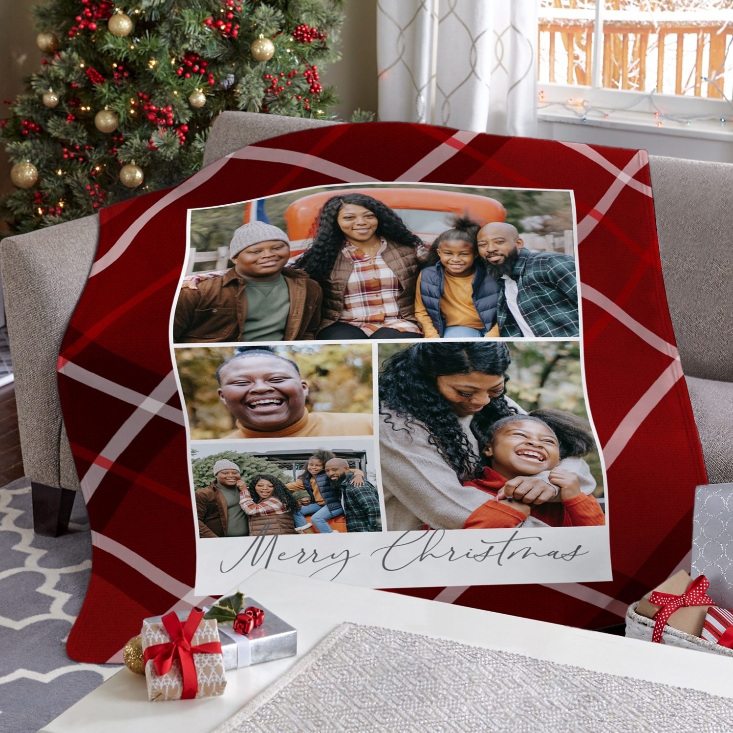 Merry Christmas Plaid Photo Plush Blanket