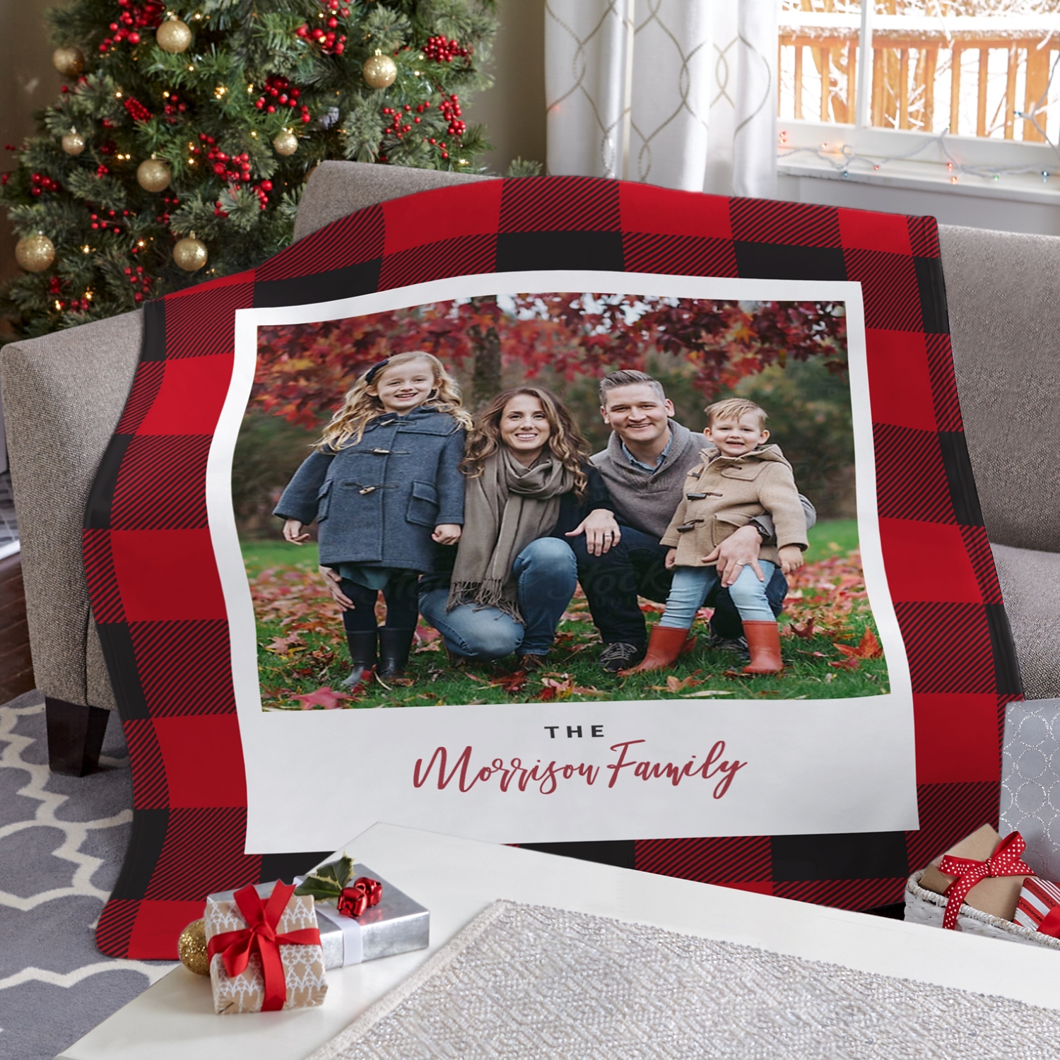 Santa's Plaid Photo Plush Blanket