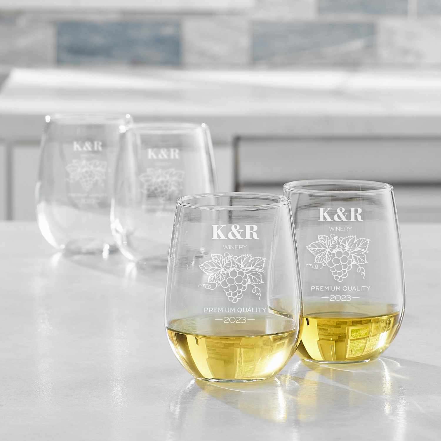 Vineyard Monogram Engraved Stemless Wine Glass