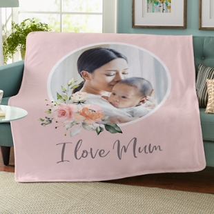 I Love Mum Floral Photo Plush Blanket