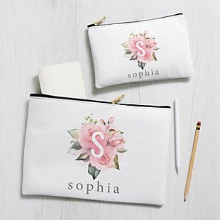 Pink Floral Initial Zipper Pouch