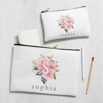 Pink Floral Initial Zipper Pouch