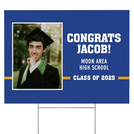 Varsity Stripe Graduation Photo Yard Sign - 2 sided - Blue