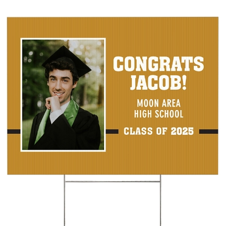 Varsity Stripe Graduation Photo Yard Sign - 2 sided - Gold