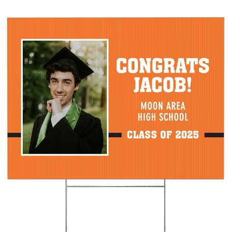 Varsity Stripe Graduation Photo Yard Sign - 2 sided - Orange