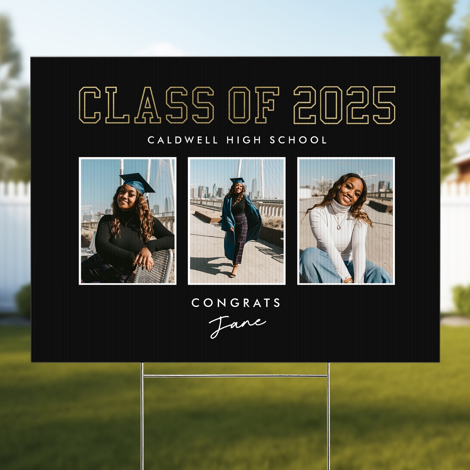 Golden Trio Graduation Photo Yard Sign