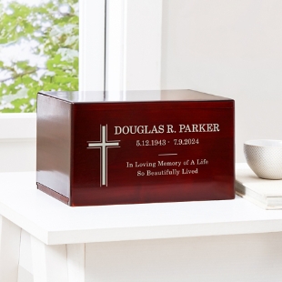 Cross Memorial Engraved Wood Cremation Urn