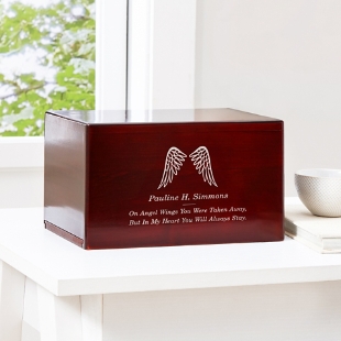 Angel's Wings Engraved Wood Cremation Urn