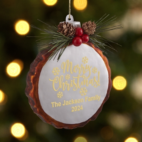 Merry Christmas Rustic Pine Lighted Glass Ornament