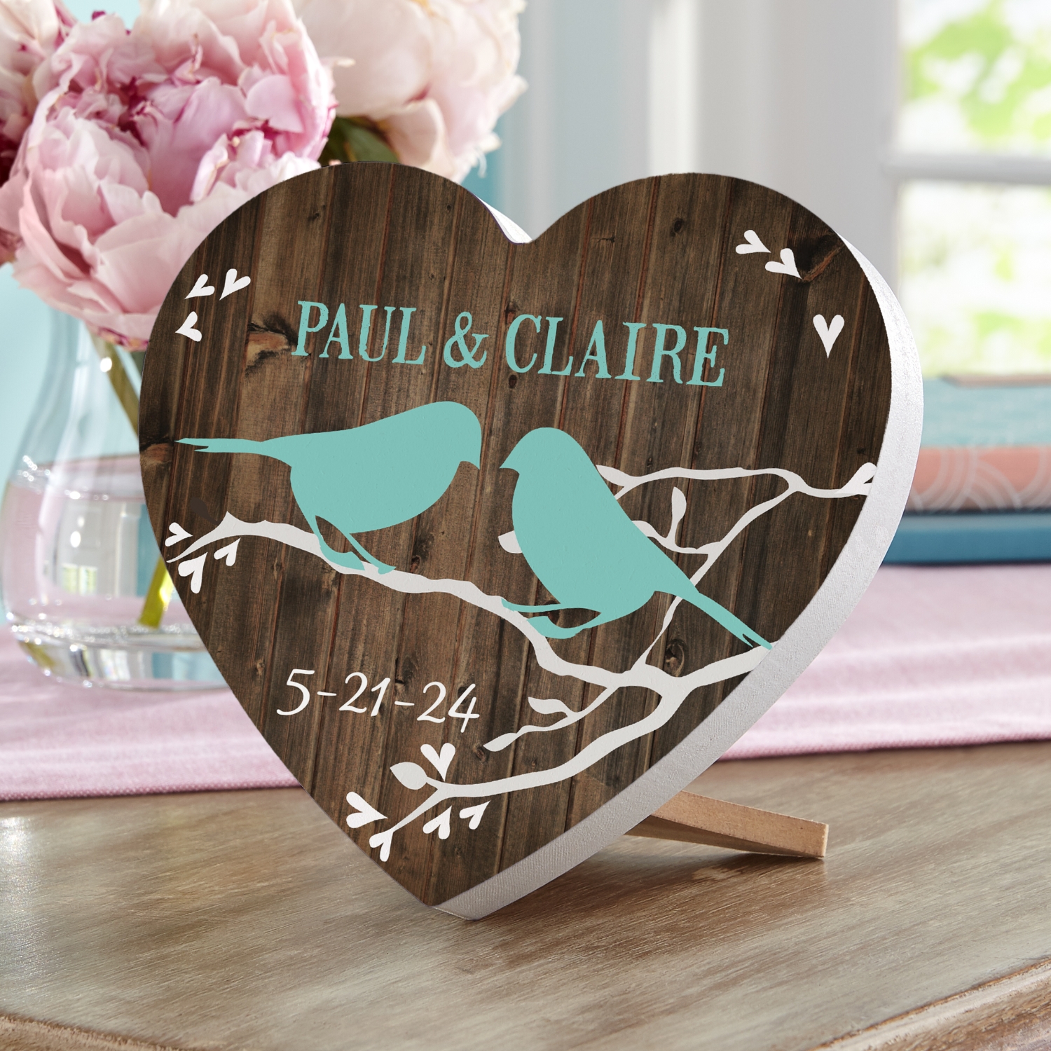 Sweet Lovebirds Wood Heart