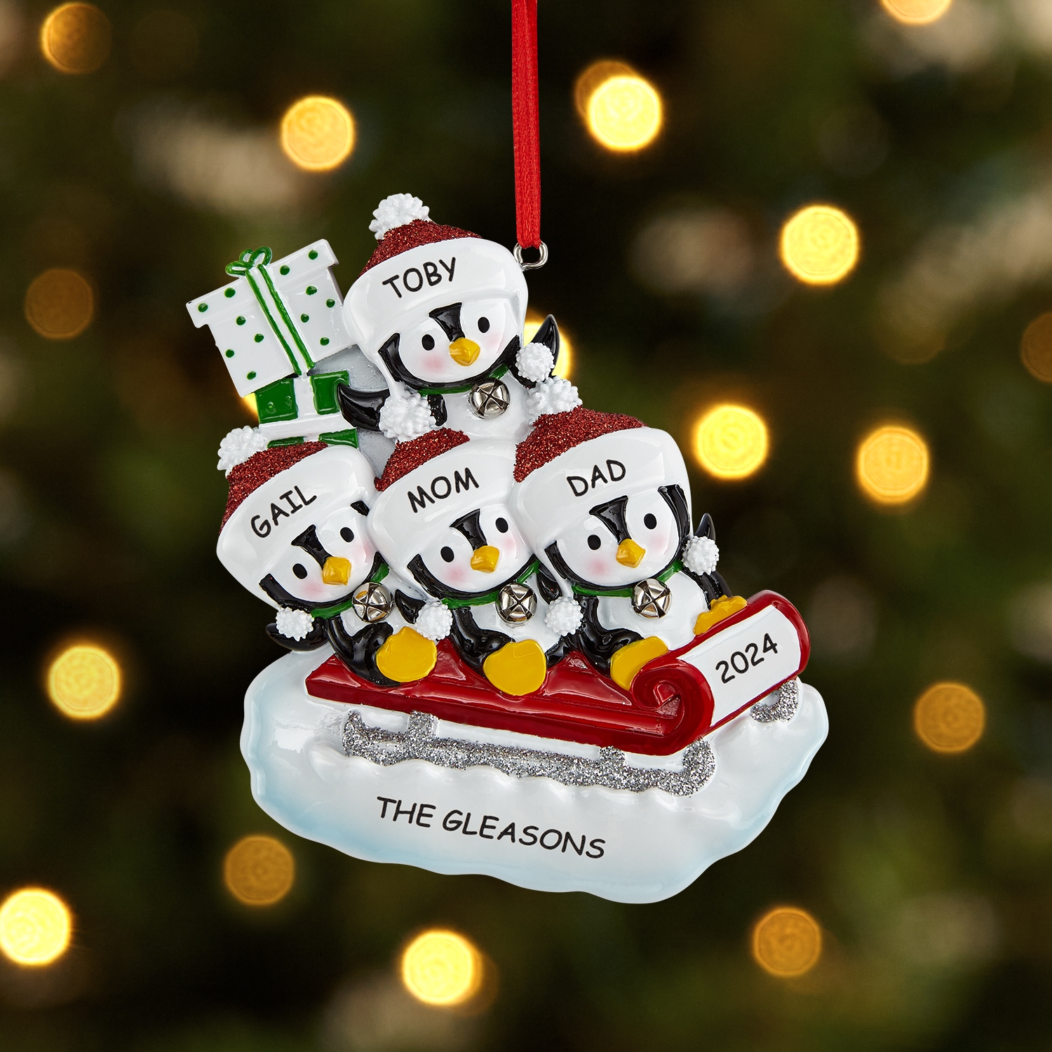 Sledding Penguin Family Ornament